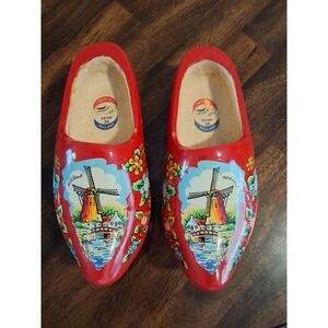 Vintage Holland Wooden Clogs Red Hand Painted Windmill Dutch Shoes Size 22cm 34